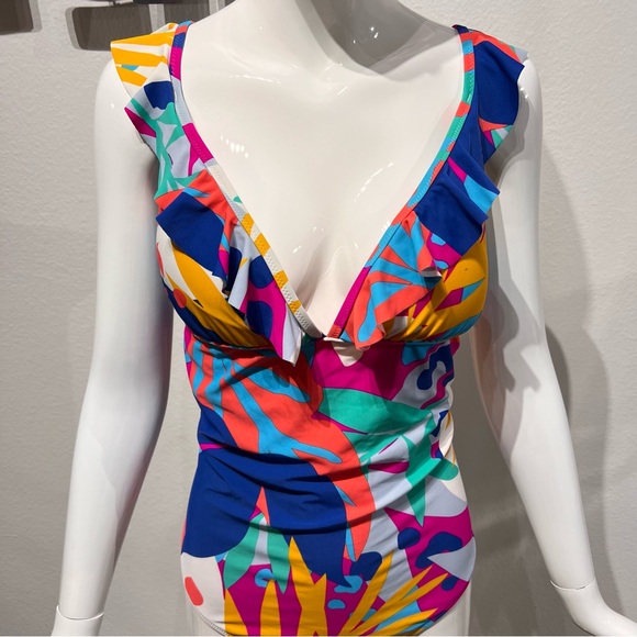 J.Crew Ruched Ruffle One-piece V-Neck Swimsuit Preppy Multicolor Size XL - Picture 3 of 11